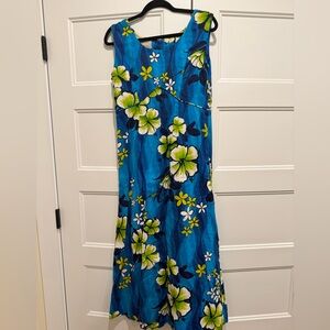 Vintage Tiki/Hawaiian Floral Blue Maxi Dress
